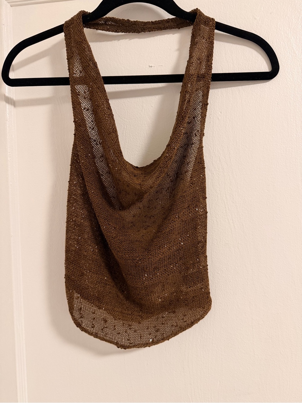 Brown sequin knit cow neck halter top